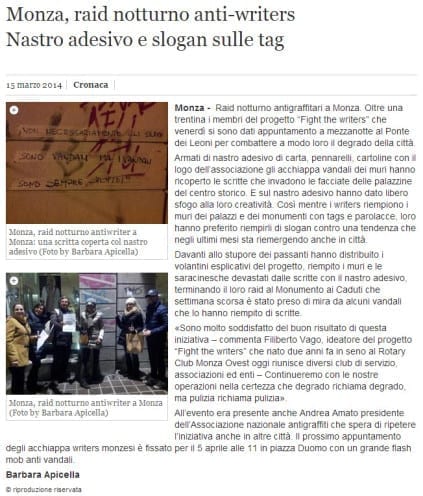 Monza, raid notturno anti-writers Nastro adesivo e slogan sulle tag